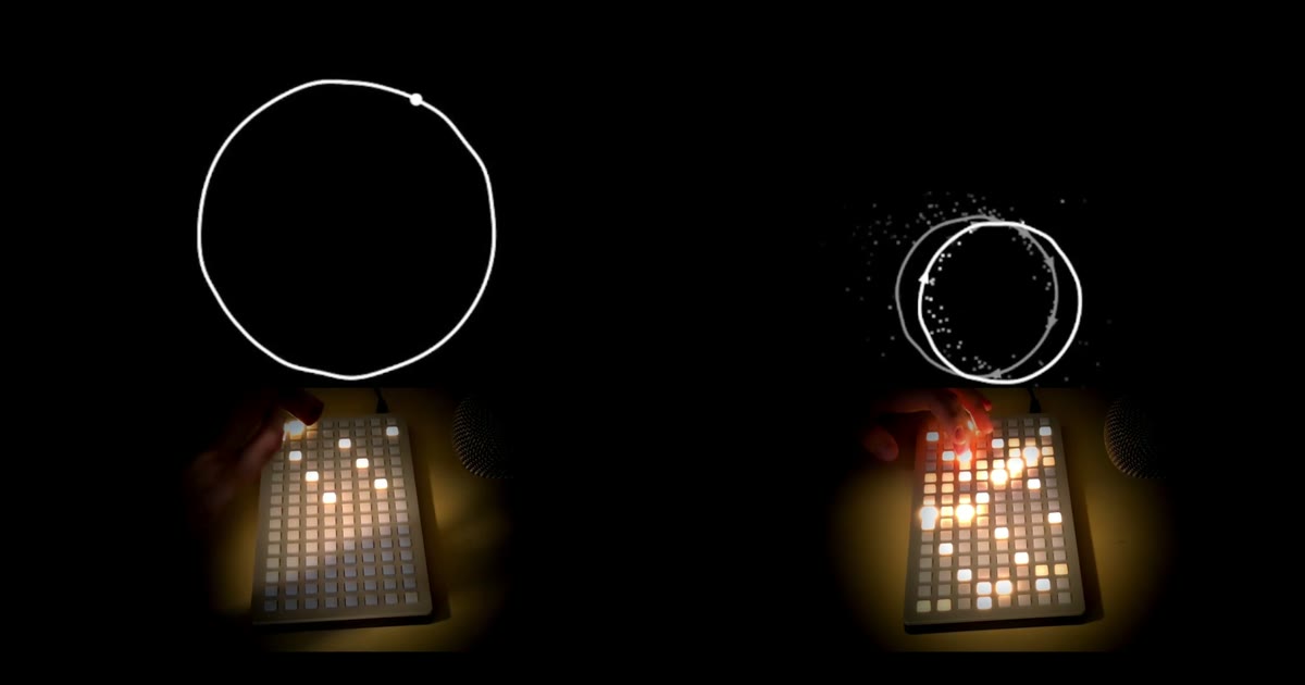 Two video stills of a monome grid performance with oooo loop circles floating above the hardware