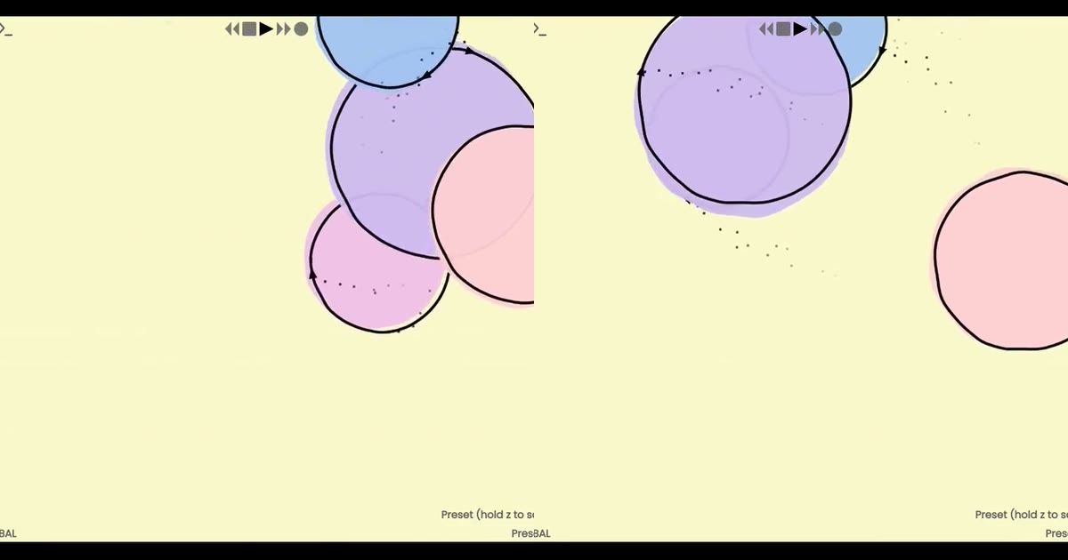 Two high-contrast video stills of pastel oooo circles rendered at different positions in the plugin window