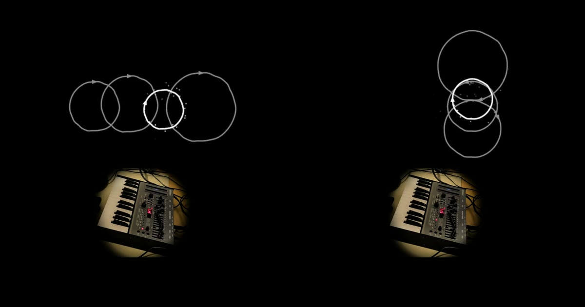 Two video stills of four oooo loop rings changing size and position above a synthesizer