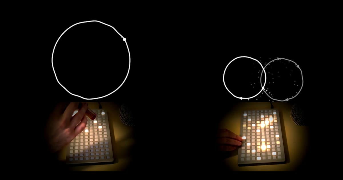 Two video stills of a monome grid performance with one and two oooo loops active