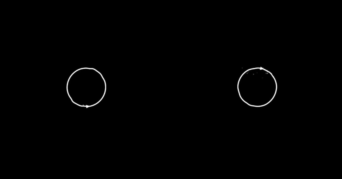 Two dark video stills of a white circular loop pausing and scattering particles