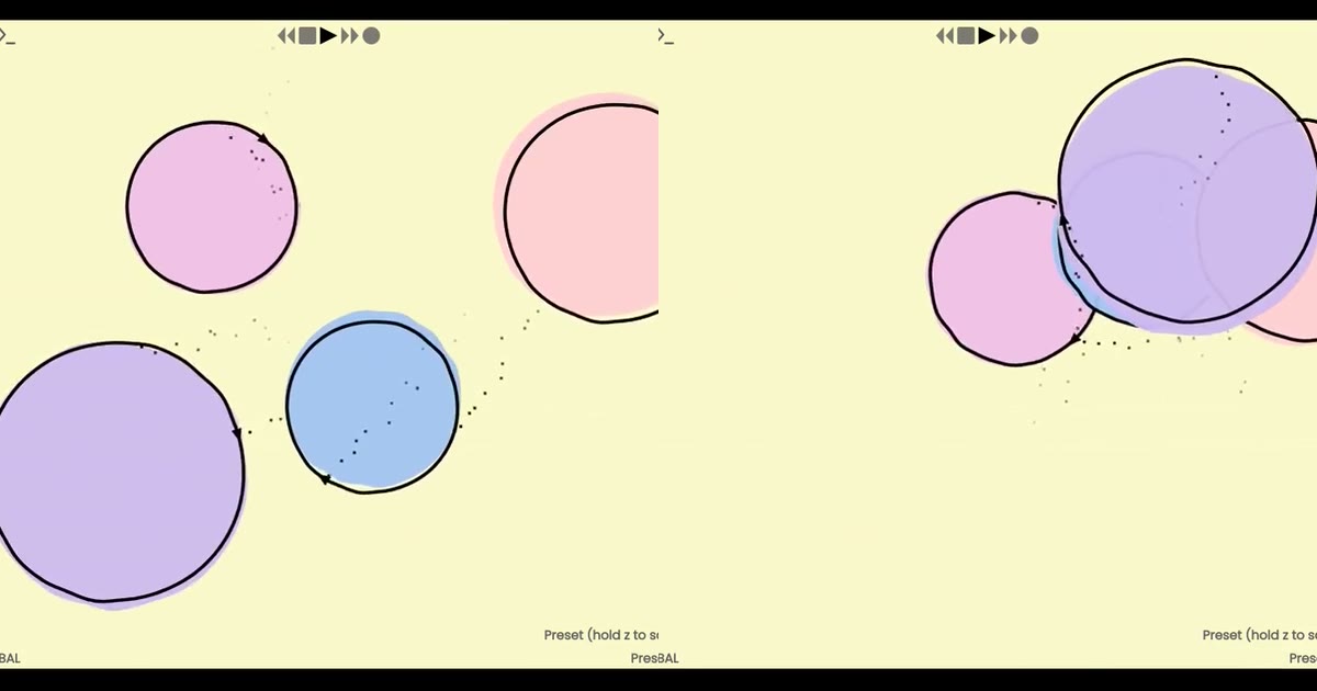 Two bright video stills of pastel loops with parameter text along the bottom of the oooo interface