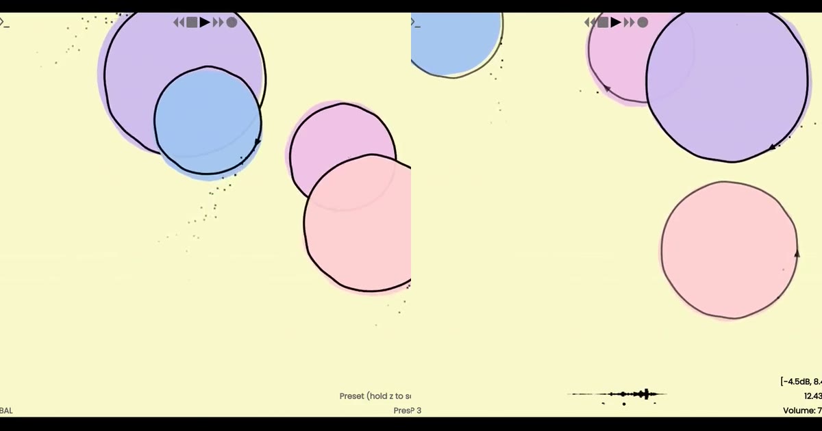 Two bright video stills showing oversized pastel oooo loops in the fullscreen interface