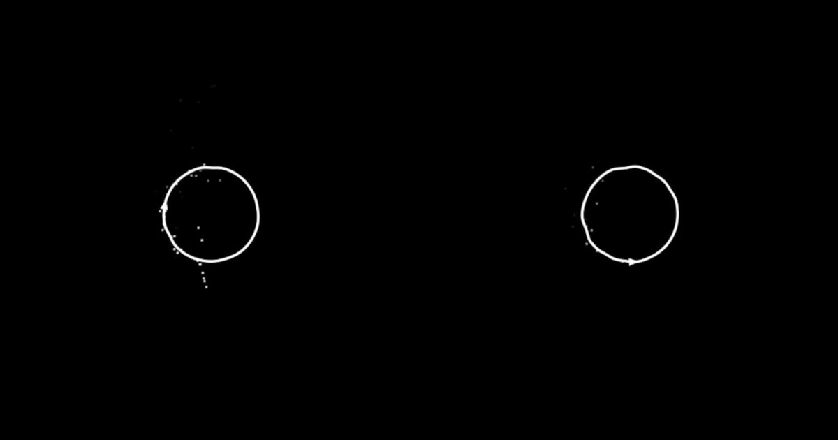 Two dark video stills showing a white oooo loop ring shedding small particles during playback