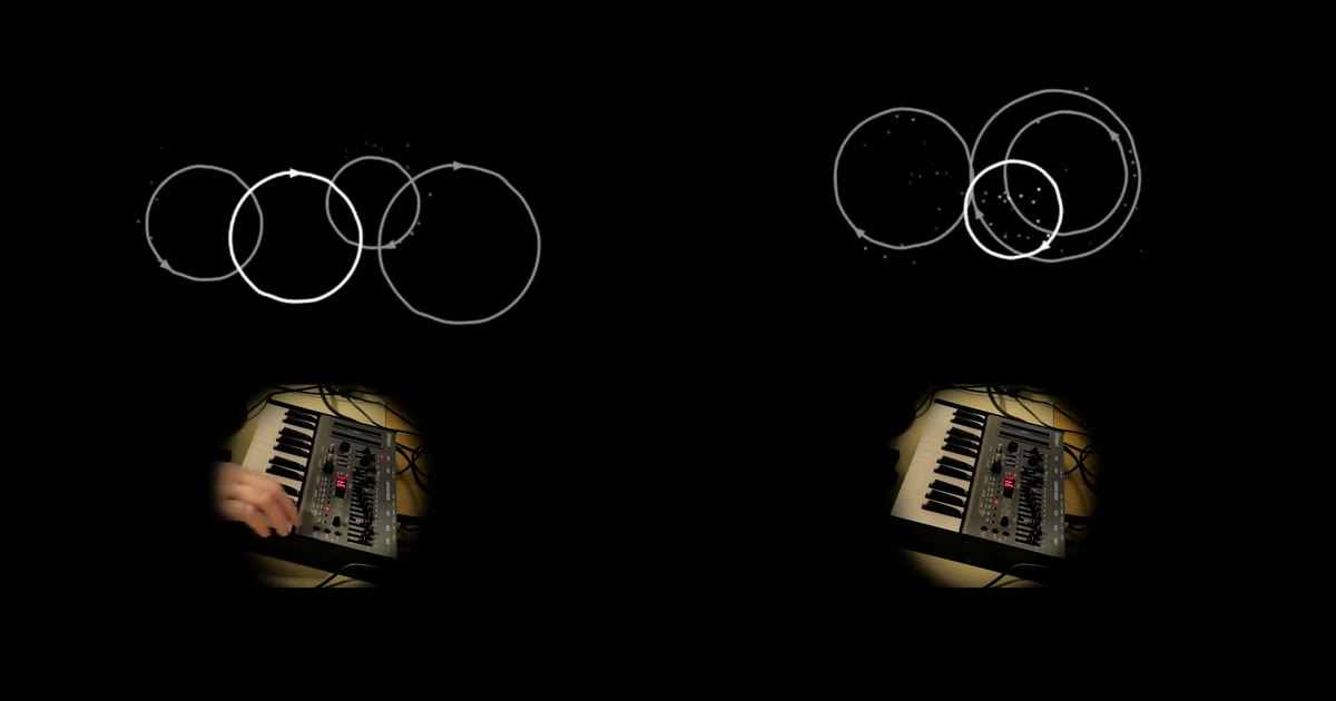 Two video stills showing oooo loop circles above a musician playing a compact synthesizer