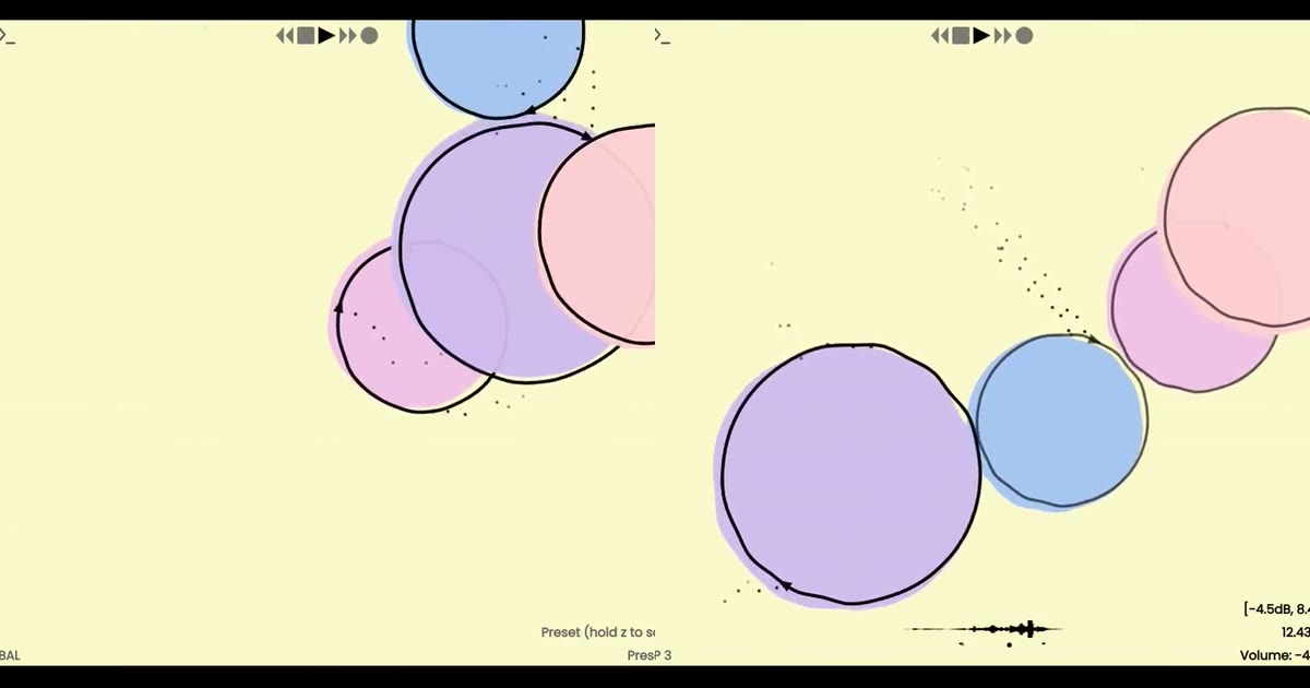 Two video stills of oooo's pastel loop circles drifting across the interface while audio plays